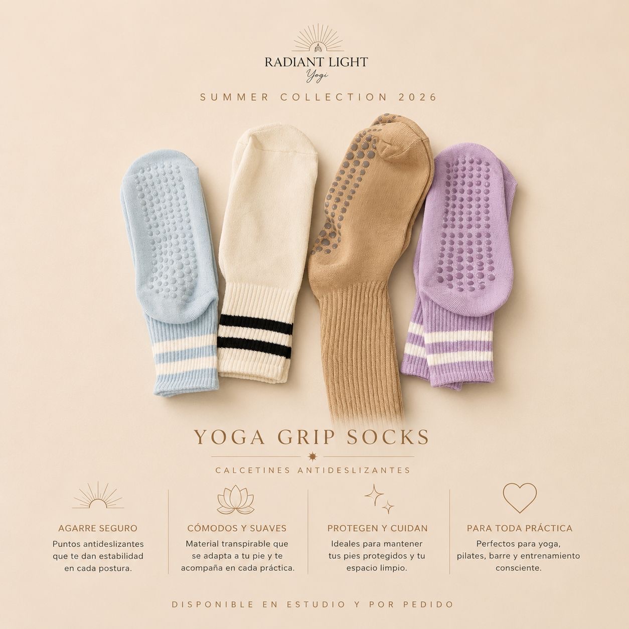Calcetas con grip para yoga disponibles en Radiant Light Yogi Studio